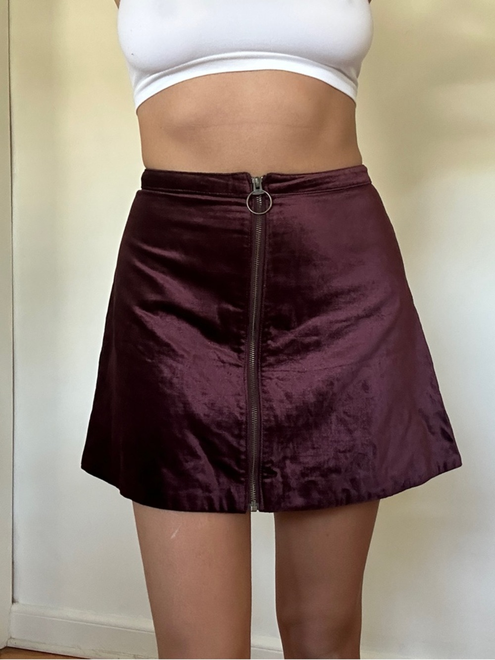 Free People Velvet Mini Skirt with Front Ring Zip in Wine